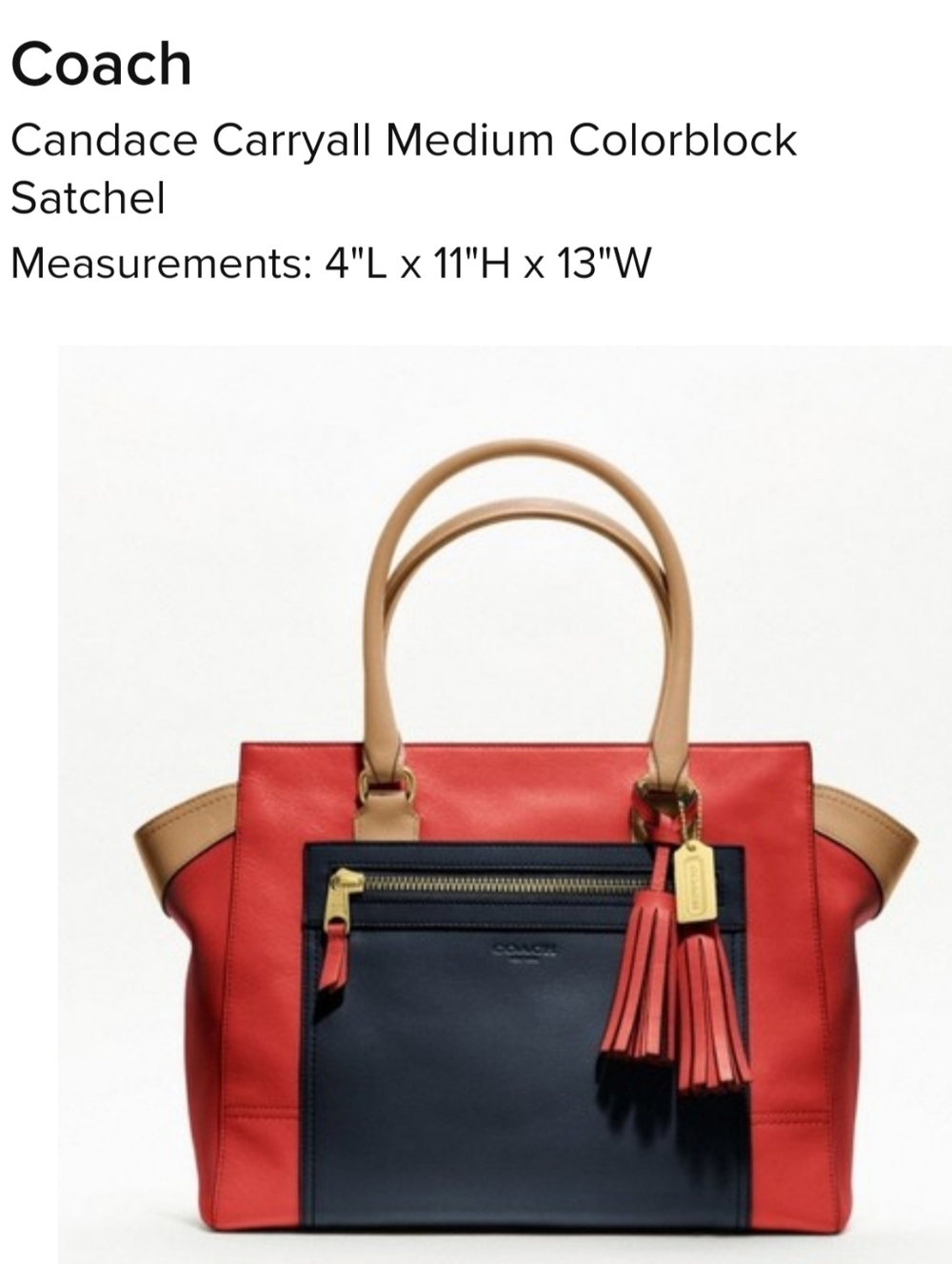 Coach Red and Navy Leather Tote with Tan Handles and Tassel Accent
